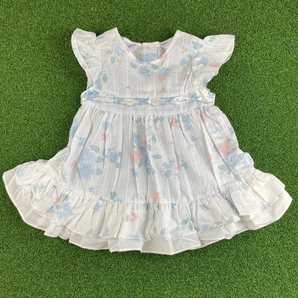 Vintage Babyfair Girls White Blue Floral Ruffle Flare Dress Sz 3T